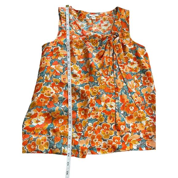 J Crew Womens Sz 0 Orange‎ Floral Wrap Front Tie Neck Silk Sleeveless Blouse - Picture 7 of 11